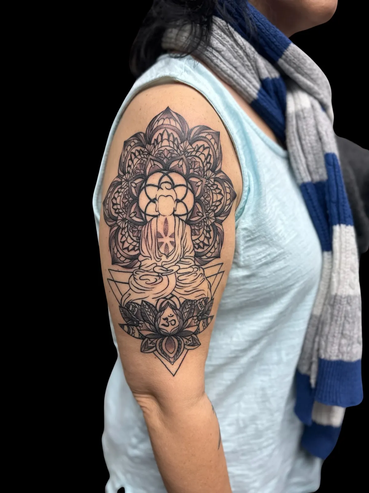 Black and grey Buddha tattoo by Lacey Rawson, Dublin Ohio