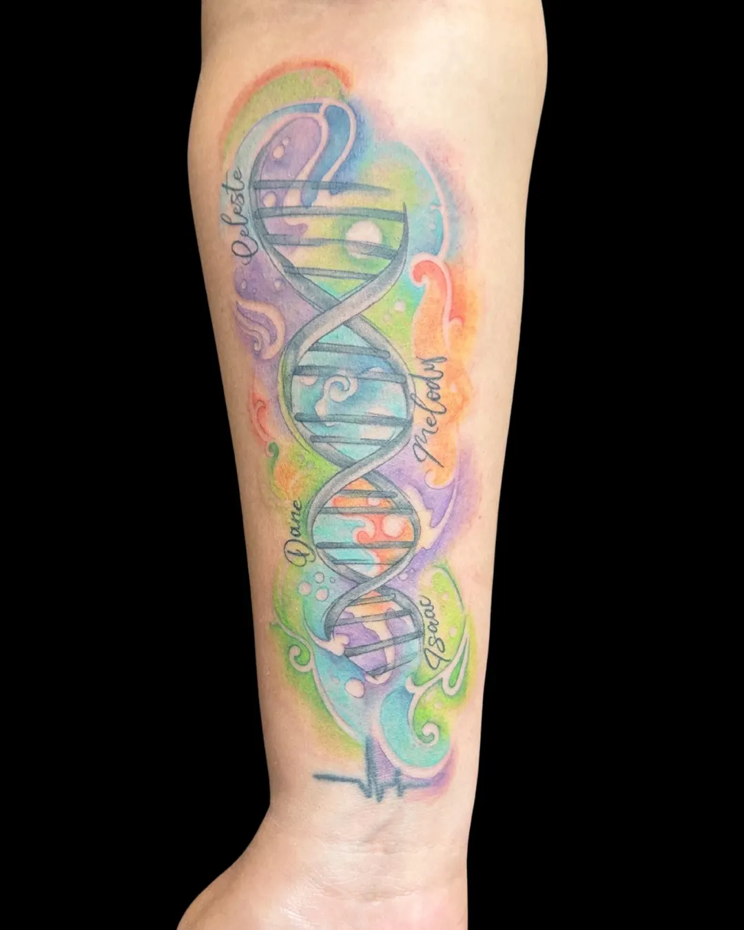 Color DNA watercolor tattoo by Lacey Rawson