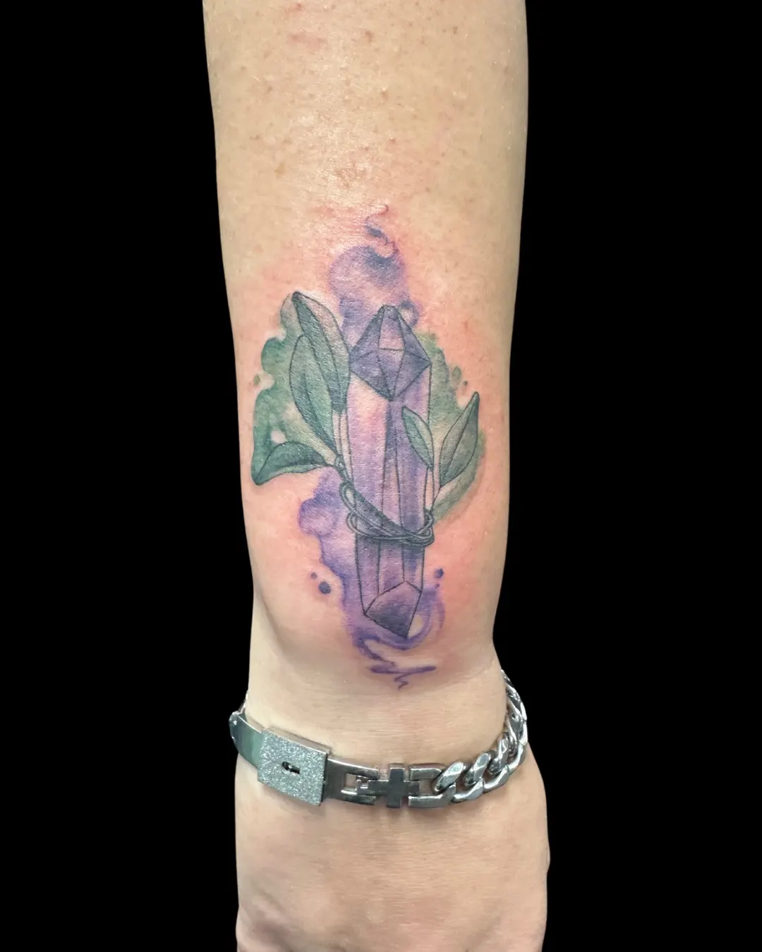 Watercolor crystal cluster tattoo by Lacey Rawson, Dublin Ohio